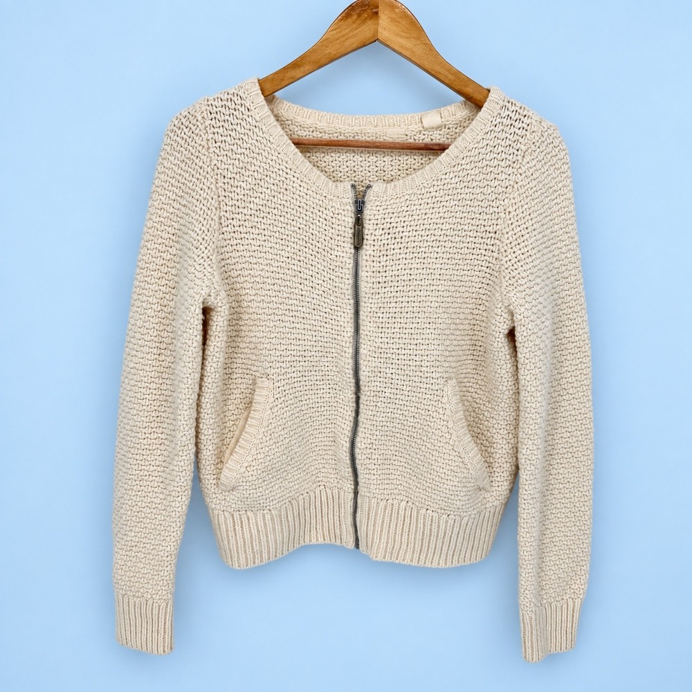 Sleeping on Snow Cardigan Women S Cream Zip Up Wool Chunky Knit Cabin Boho